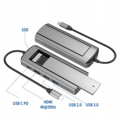Kuti eksternale SSD M.2 Bounn, USB C hub 6 në 1, HDMI, gri