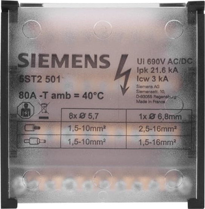Bllok shpërndarës Siemens 5ST2501, 80A, 4P 500V, gri