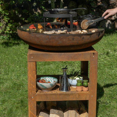 Vatër zjarri për kopsht Heat Plancha Bakka HBBQ.002, tas çeliku 80 cm, me plancha dhe rafte, ngjyrë ndryshk
