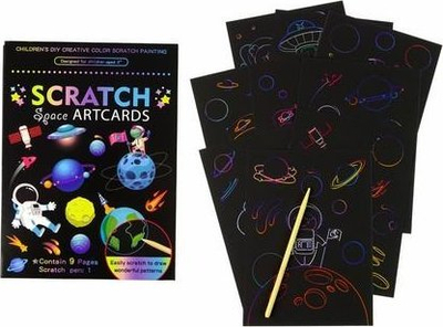 Set vizatimi me gërvishtje Scratch Space Artcards, 9 fletë, me stilolaps, me figura nga hapësira