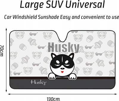 Mbrojtës xhami për makinë Husky, 130×70 cm, izolim alumini, dizajn husky, gri