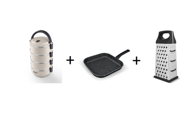 SET: Mbajtës ushqimi Lamart LT6024, bezhë + tigan alumini Lamart LT1140, 26cm, i zi + rende Lamart LT7050, e zezë