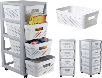 Komodinë plastike Curver Infinity Openwork Shelf, 4 sirtarë nga 10L, gri me të bardhë