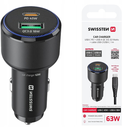 Karikues veture Swissten, 45W USB C PD, 18W USB QC 3.0, me kabllo USB C 1m