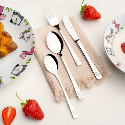 Set pirunë dhe luga për fëmijë Leonardo Bambini, 4 pjesë, inox, argjendi