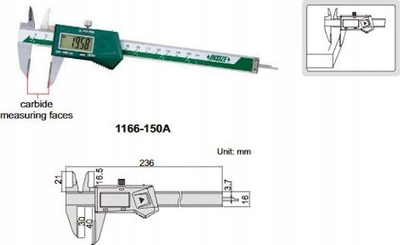 Kalliper dixhital Insize 1166-150A, 150mm 6", çelik inoks, jeshil