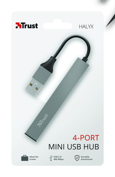 Hub USB Trust Halyx Aluminium, 4 porta, USB 2.0, argjendtë