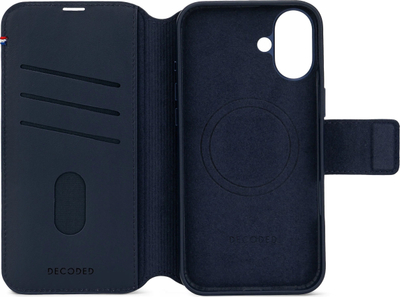 Këllëf-portofol Decoded Leather Detachable Wallet për iPhone 16, lëkurë, me kapak dhe me vende për karta, blu navy