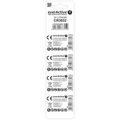Bateri litium monedhë EverActive CR3032, 3V, 580mAh, 4 copë