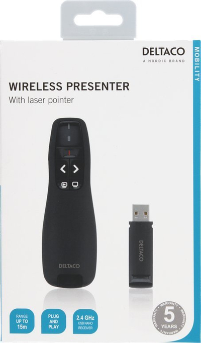 Telekomandë prezantimi DELTACO, wireless, me laser pointer, e zezë