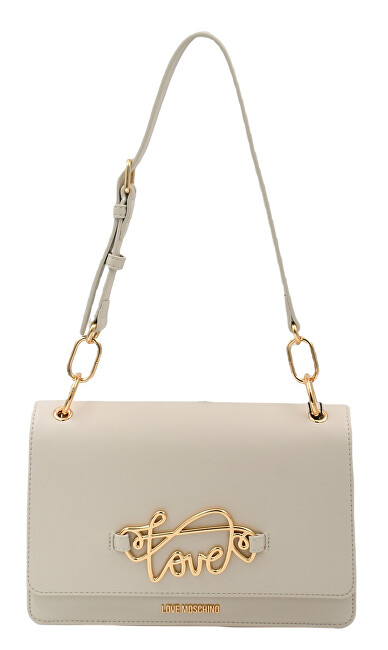Çanta dore Love Moschino për femra, me logo "love", e bezhë