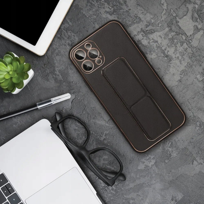 Futera telefoni Leather Kickstand, Samsung Galaxy A05, lëkurë sintetike, me stendë, e zezë