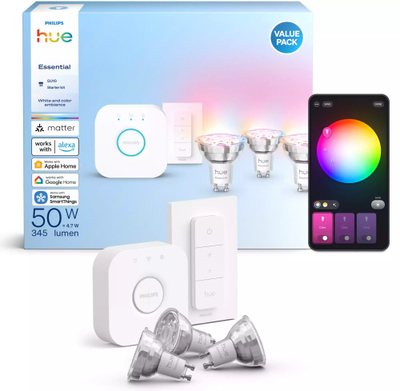 Сет паметно осветлување Philips Hue Essential, Hue Bridge, 3x GU10 White and Color Ambiance, бел димер