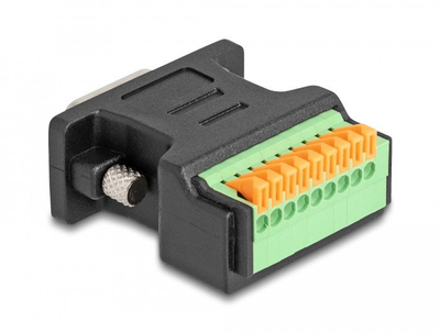 Adapter DELOCK D Sub 9 mashkull në terminal block, me buton shtypës, i gjelbër