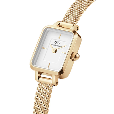 Orë dore Daniel Wellington Quadro Mini DW00100725, rrip çelik rrjetë, ciferblatë e bardhë, ngjyrë ari