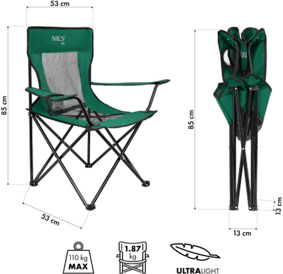 Karrige palos Nils Camp NC3302 për kamping, me vend për gota, jeshile me të zezë