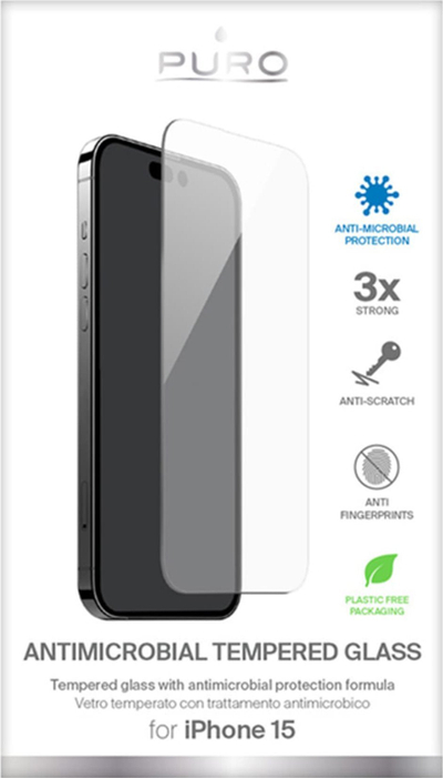 Mbrojtës ekrani Puro për iPhone 15, xham i fortum 9H, antibakterial, transparent
