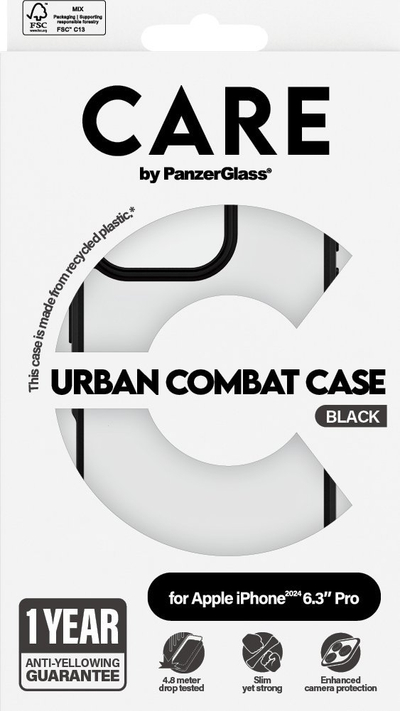 Mbulesë telefoni PanzerGlass CARE Urban Combat për iPhone 16 Pro, transparente me kornizë të zezë