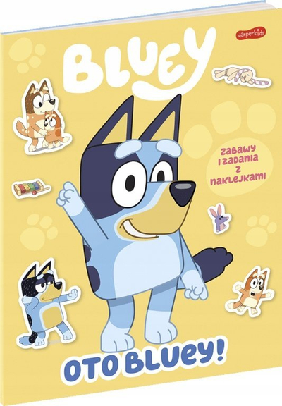 Libër me aktivitete Bluey Here Is Bluey Games And Tasks With Stickers, me ngjitëse, për kalamaj