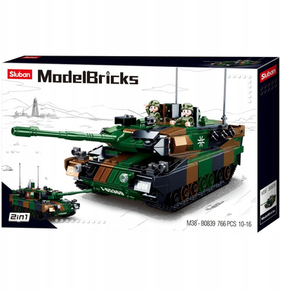 Lodër ndërtimi Sluban M38-B0839 Battle Tank Leopold, 766 pjesë, për moshat 10-16 vjeç, jeshile ushtrie