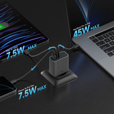 Karikues muri CUKTECH CUKAD653EUGR, 65W GaN, 2x USB C 1x USB A, gri
