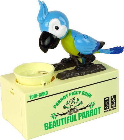 Kuti kursimi Lean Toys Parrot, papagall mekanik, lodër për lekë me monedha, blu