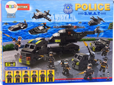 Set lodrash blloqe LEANToys Police S.W.A.T 6‑in‑1, 343 copë, me figurina, i zi