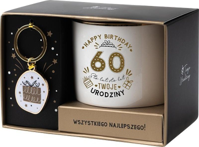 Set dhurate Burga 60 vjetor, filxhan 330ml, varëse çelësash, i bardhë artë