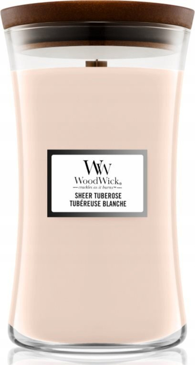 Qiri aromatik WoodWick Sheer Tuberose, kavanoz i madh, 609 g, rozë e hapur