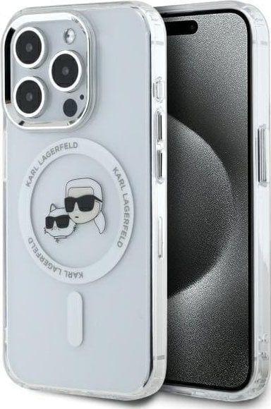 Kapak telefoni Karl Lagerfeld IML Metal Karl &amp; Choupette, për iPhone 15 Pro, MagSafe, i bardhë