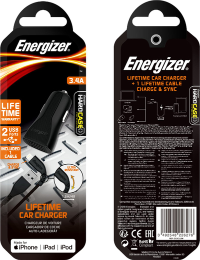 Karikues makine Energizer Car Charger, 2x USB, kabllo Lightning 1.2m, i zi