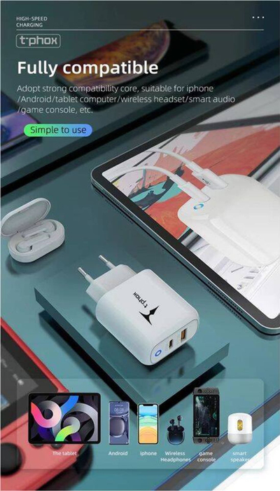 Karikues muri T-phox Glory 45W, USB dhe USB C, i bardhë
