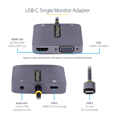 Видео адаптер StarTech USB-C во HDMI VGA, 4K 60Hz, сив