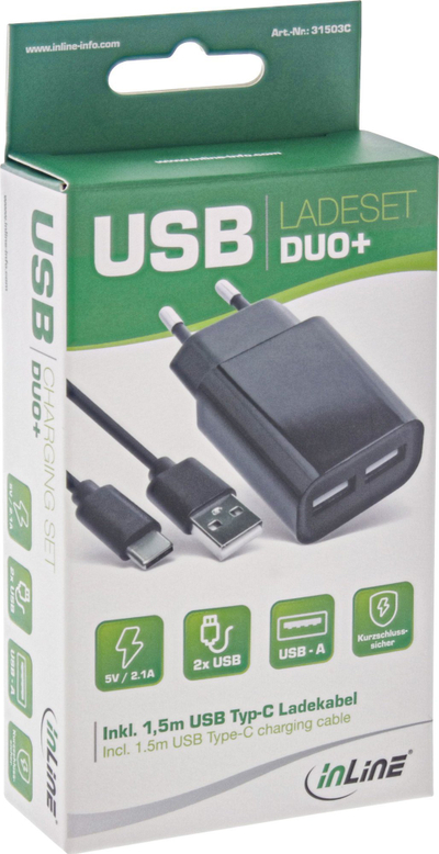 Karikues muri InLine DUO+, 2 porta USB 2.1A, me kabllo USB Type C 1.5m, i zi