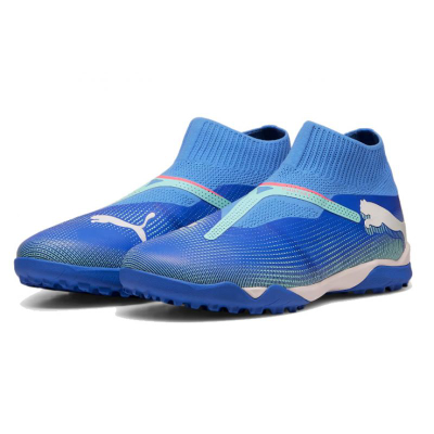 Këpucë futbolli PUMA Future 7 Match+ Laceless TT, me shumë vida, Bluemazing me të bardhë edhe electric Peppermint