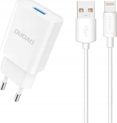 Полнач за ѕид Dudao A4EU, USB A 2.1A, кабел USB A Lightning, бел