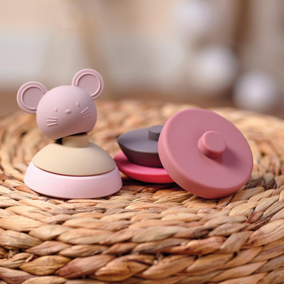 Lodër grumbulluese NATTOU Roly Poly Mouse, silikon, për kalamaj 6m+, rozë