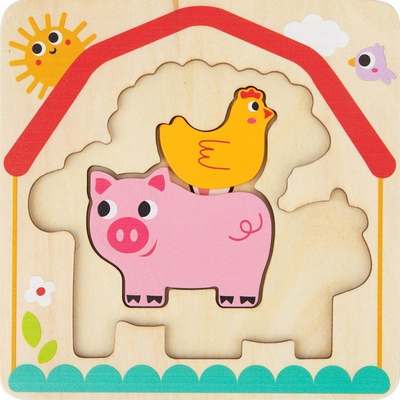 Puzzle druri Tooky Toy Multi-layered Farm, 17x17x2cm, me shtresa, shumëngjyrësh