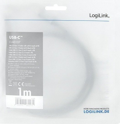Kabllo USB LogiLink CUA0107, USB C në USB C, 1m, 10 Gbps, i zi