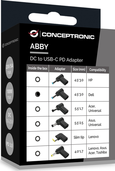 Adaptor energjie Conceptronic ABBY15PC02 DC në USB C për Dell 4.5x3.0mm, 18–20V, i zi