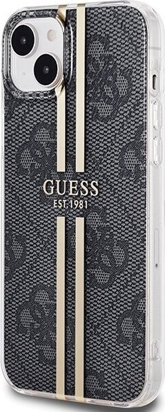 Mbrojtëse telefoni Guess IML 4G Gold Stripe për iPhone 15 14 13, 6.1", e zezë