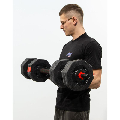 Set pesha EB Fit Dumbbells 4 në 1, 20 kg, rregullueshëm, i zi me të kuqe