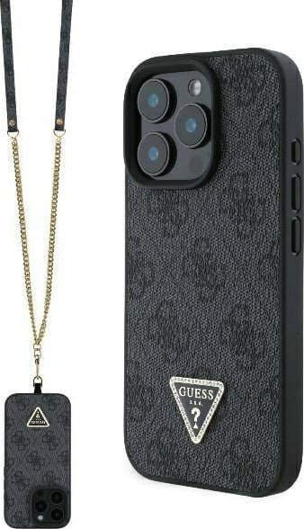 Mbështjellës telefoni Guess Leather Logo Rhinestone Crossbody për iPhone 16 Pro Max 6.9", me rrip, i zi