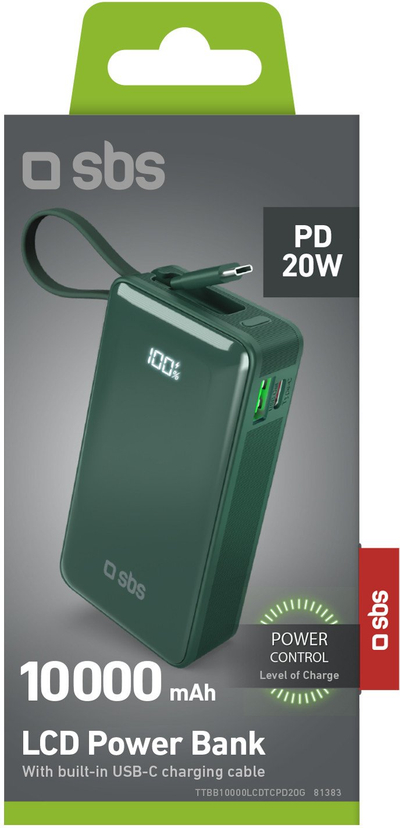 Надворешна батерија SBS TTBB10000LCDTCPD20G, 10000mAh, 20W, зелена