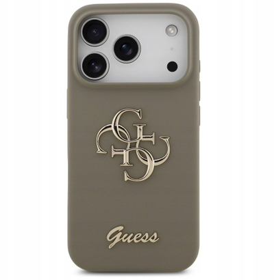 Mbulesë telefoni Guess 4G Silicone Script Big Metal Logo për iPhone 17 Pro Max, me MagSafe, silikoni, kafe