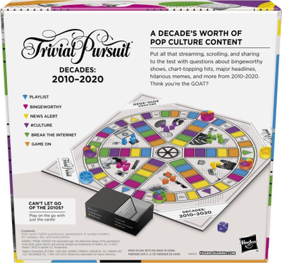 Lojë tavoline Hasbro Trivial Pursuit Decades 2010–2020, kuiz me pop kulturë, për 2–6 lojtarë