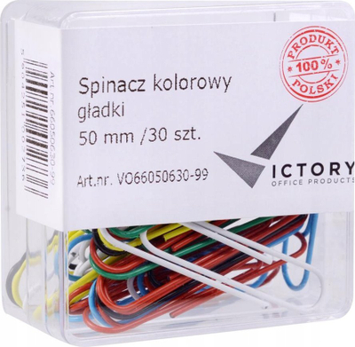 Kapëse letrash Victory Office Products, 50mm, metal të veshur me plastikë, shumëngjyrëshe, 30 copë