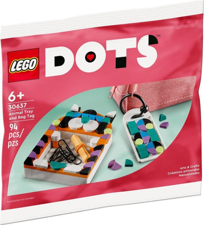 Set LEGO DOTS Animal Tray and Bag Tag 30637, 94 pjesë, kreativ, shumëngjyrësh