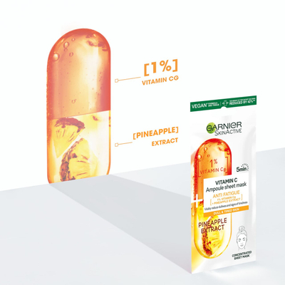 Maskë për fytyrë Garnier Ampoule Vitamin C 1% + Pineappel Extract Anti Fatigue, 1 copë