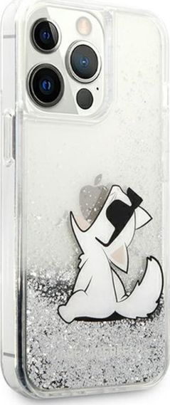 Kapak telefoni Karl Lagerfeld Liquid Glitter Choupette, për iPhone 13 Pro, silikon, argjendt transparent